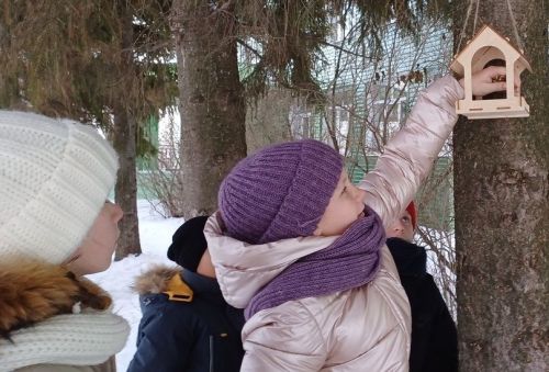 Школьники из села Полянки установили и наполнили зерном кормушки для птиц